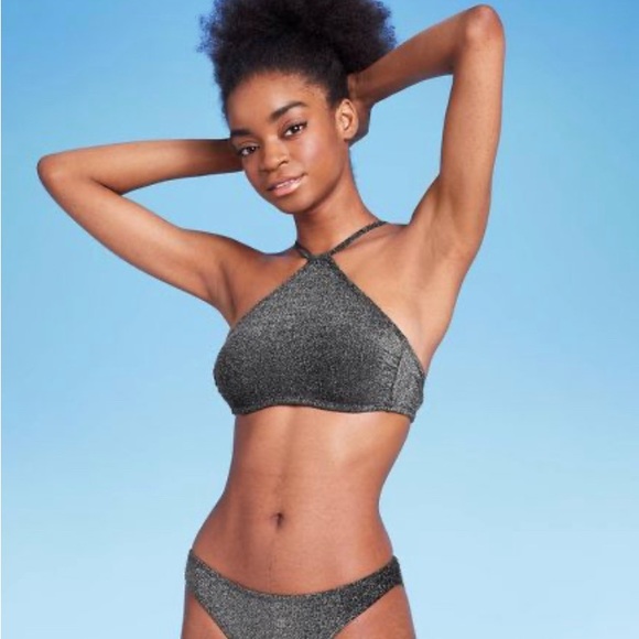 NWT WILD FABLE WOMENS BIKINI TOP HALTER BRALETTE BLACK LUREX - Picture 4 of 7